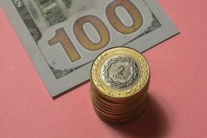 Argentinien Münzen mit 100 Dollar Rechnung Hintergrund foto