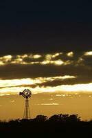 Landschaft mit Windmühle beim Sonnenuntergang, Pampas, Patagonien, Argentinien foto