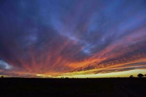 Landschaft mit Windmühle beim Sonnenuntergang, Pampas, Patagonien, Argentinien foto