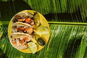 das Mexikaner Carnitas Tacos, gekrönt mit Grün Zutaten, sind ein Klammer Essen im Mexikaner Küche foto