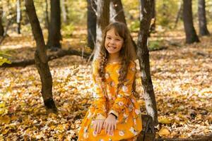 Porträt Kind Mädchen mit Herbst Orange Blätter im ein Park. Lebensstil, fallen Jahreszeit und Kinder Konzept. foto