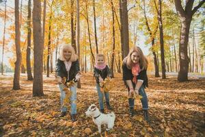 Oma und Mutter mit Enkelin werfen oben fallen Blätter im Herbst Park und haben Spaß. Generation, Freizeit und Familie Konzept. foto