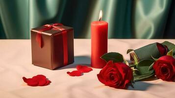 Kerze und Rose Blütenblätter. romantisch Komposition mit Kerze Geschenk Box mit Lippenstift. ai generiert foto