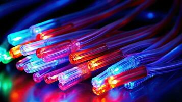 farbig elektrisch Kabel und LED. optisch Faser, heftig Farben, Hintergrund zum Technologie Bild und Neu Geschäft Trends erstellt generativ ai foto