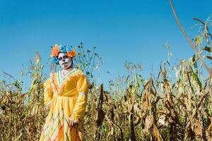 Mexikaner Frau im bunt Kleid und Schädel bilden im das Mexikaner Wüste Kaktus foto