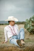 Mexikaner Cowboy, Agave Pflanzen, Natur Schönheit, Sonnenbrille, Kleinkind, fesselnd Landschaft foto