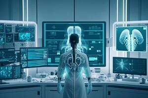 das Zukunft von KI-betrieben Gesundheitspflege, im ein Der letzte Stand der Technik Krankenhaus Zimmer, das neueste medizinisch Technologie ist auf Anzeige, präsentieren das Konzept von ai im Gesundheitspflege. generativ ai foto