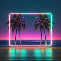 Palme Bäume auf das Strand Neon- Licht Rahmen zum dj bunt Poster Hintergrund ai foto