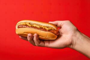 Hand halten lecker heiß Hund auf ein rot Hintergrund. ai generiert foto