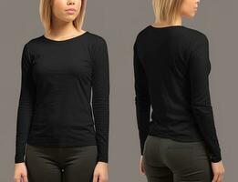 Frau tragen ein schwarz T-Shirt mit lange Ärmel. Vorderseite und zurück Sicht. ai generiert foto