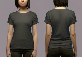 Foto realistisch weiblich grau T-Shirts mit Kopieren Raum, Vorderseite, und zurück Sicht. ai generiert
