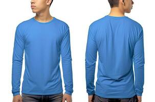 Mann tragen ein Blau T-Shirt mit lange Ärmel. Vorderseite und zurück Sicht. ai generiert foto