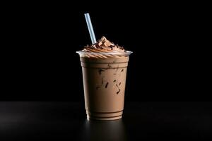 Schokolade Milchshake im Plastik wegbringen Tasse isoliert auf schwarz Hintergrund. ai generiert foto