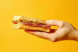 Hand halten lecker Sandwich auf ein Gelb Hintergrund. ai generiert foto