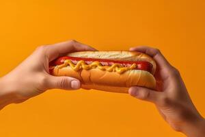 Hand halten lecker heiß Hund auf ein Gelb Hintergrund. ai generiert foto