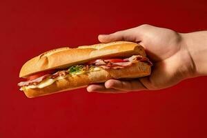 Hand halten lecker Sandwich auf ein rot Hintergrund. ai generiert foto