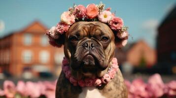 Hund mit Blumen Porträt von Stier arabisch Hund mit Blume Krone. ai generativ foto