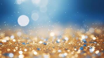 Hintergrund mit Bokeh. abstrakt defokussiert Gold und Blau funkeln Hintergrund. ai generiert foto