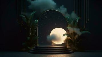 Landschaft mit Wolken und Mond. Nacht Szene mit ein Podium Hintergrund zum Produkt Anzeige. foto
