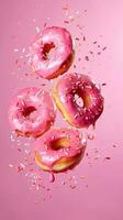 Rosa glasiert Donuts im Bewegung. hoch Auflösung. ai generiert foto