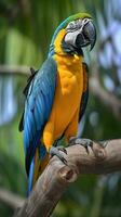 Blau und Gelb Ara. schön Blau und Gold Ara Vogel thront im ein Baum. foto