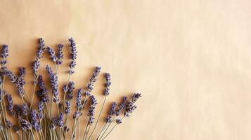 Bündel von Lavendel Blumen. Lavendel trocken lila Blumen. minimal eben legen, Kopieren Raum Hintergrund. ai generiert foto