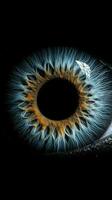 abstrakt Blau Auge mit Raum. ein Mensch Auge auf schwarz Hintergrund. ai generiert foto