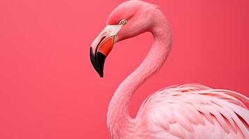 schließen oben von ein Rosa Flamingo. Rosa Flamingo im farbig Hintergrund. ai generativ foto