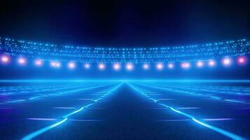 Licht Wanderwege auf ein Stadion. abstrakt Blau Neon- Stadion Hintergrund. ai generiert foto