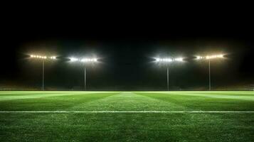 Stadion Beleuchtung im das Nacht. Grün Fußball Feld hell Scheinwerfer immer noch Leben. ai generiert foto