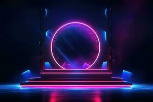 Hintergrund mit glühend Beleuchtung. futuristisch Bühne mit Neon- Licht Rahmen und Podium. ai generiert foto