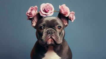 Hund mit Blumen Porträt von Stier arabisch Hund mit Blume Krone. ai generativ foto