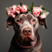 Hund mit Blumen Porträt von Stier arabisch Hund mit Blume Krone. ai generativ foto