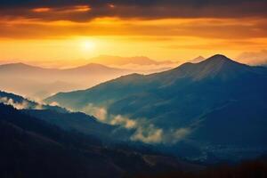 Sonnenaufgang Über Berge. Berge Sonnenuntergang Natur Hintergrund. ai generiert foto