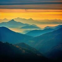 Sonnenaufgang Über Berge. Berge Sonnenuntergang Natur Hintergrund. ai generiert foto
