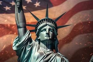 generativ ai Illustration von glücklich 4 .. von Juli mit das Statue von Freiheit. schließen hoch, Hintergrund, Feuerwerk foto