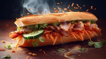 generativ ai Illustration von Vietnamesisch Stangenbrot, Banh mi, Explosion Wirkung. Straße Essen im Vietnam foto