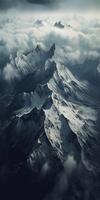 generativ ai Illustration von Aussicht von Himmel, Schnee Berge von dunkel Alter, Regen, Nebel, dramatisch und atemberaubend Landschaft, dramatisch linear Delikatesse foto