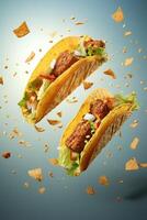 generativ ai Illustration von fliegend Tacos zum Essen Werbung, leer Hintergrund foto