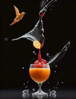 Foto Mixer mit Früchte fliegend isoliert auf schwarz Hintergrund Obst Saft und Spritzen
