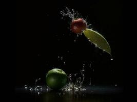 Foto Mixer mit Früchte fliegend isoliert auf schwarz Hintergrund Früchte Saft und Spritzen