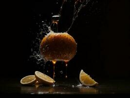 Foto Mixer mit Früchte fliegend isoliert auf schwarz Hintergrund Früchte Saft und Spritzen