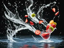 Foto Mixer mit Sommer- Früchte fliegend isoliert auf schwarz Hintergrund Wasser Spritzen