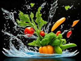 Foto Mixer mit Gemüse fliegend isoliert auf schwarz Hintergrund Wasser Spritzen