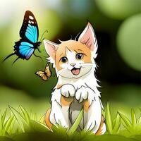 süß Katze spielen mit Schmetterling Karikatur Vektor Symbol Illustration. Tier Natur . eben Karikatur Stil. drucken, kleiden, Hemd Design. International Katze Tag foto