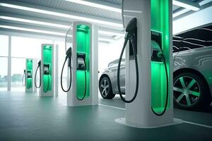 generativ ai Illustration von ev Laden Bahnhof zum elektrisch Auto im Konzept von Grün Energie, Öko Leistung produziert von nachhaltig Quelle zu liefern zu Ladegerät Bahnhof im bestellen zu reduzieren co2 Emission foto