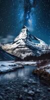 generativ ai Illustration von sternenklar Nacht, Fachmann Landschaft Fotografie, Winter Landschaft Berge foto