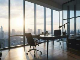 modern Büro Raum mit Glas Wände, Stadt Horizont Sicht, minimalistisch Design, stilvoll Schreibtisch, komfortabel Stuhl, natürlich Licht, warm glühen - - ai generiert foto