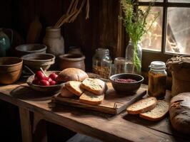 gesund Güte - - frisch gebacken Brot und hausgemacht Marmelade - - ai generiert foto