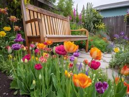 bunt Tulpen im blühen im ein Garten Bett mit ein hölzern Bank im das Vordergrund. - - ai generiert foto